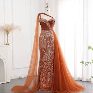 Elegant One-Shoulder Orange Evening Gown